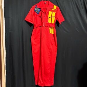 Unisex unbranded red short sleeve utility overalls aviation patch yellow stripes